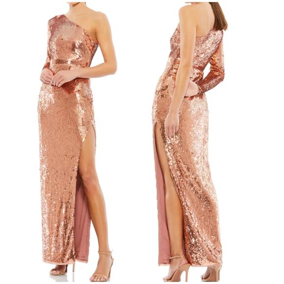 Mac Duggal NWT One Sleeve Fully Sequined High Slit Maxi Dress Copper Size 12 - Picture 2 of 10